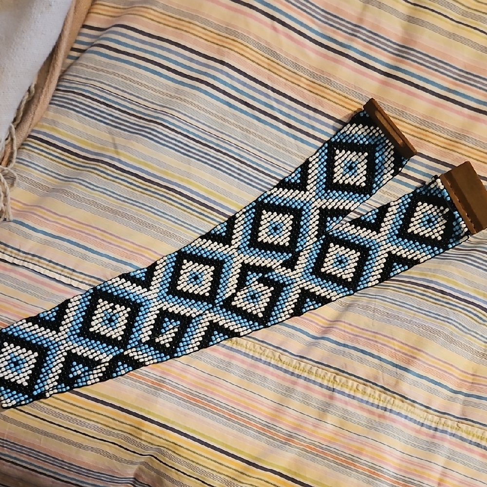 Geometric Beaded Belt in Black and Blue
